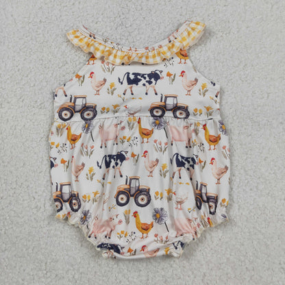 Sibling Baby Girls Sleeveless Pigs Cows Tunic Ruffle Short Farm Clothes Set Rompers