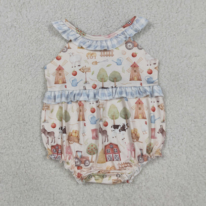 Sibling Baby Girls Sleeveless Pigs Cows Tunic Ruffle Short Farm Clothes Set Rompers