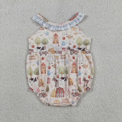 Sibling Baby Girls Sleeveless Pigs Cows Tunic Ruffle Short Farm Clothes Set Rompers