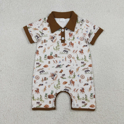 Sibling Baby Boys Horse Rodeos Top Pockets Short Western Clothes Set Rompers
