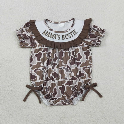 Sibling Embroidery Mama's Boy Girl Brown Camo Shorts Clothes Set Dress Rompers