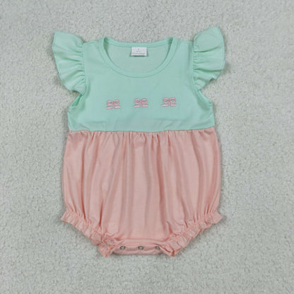 Sibling Baby Girls Flutter Sleeves Embroidery Bows Knee Length Dress Ruffle Rompers