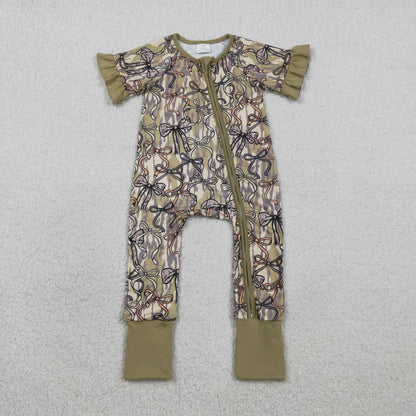 Sibling Family Adult Women Girls Olive Camo Bows Pajamas Clothes Set Zipper Rompers