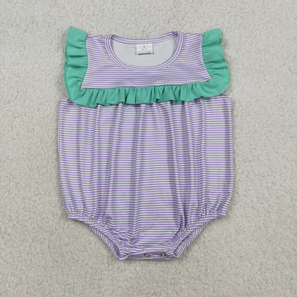 Sibling Baby Girls Sleeveless Purple Stripe Knee Length Dress Ruffle Rompers