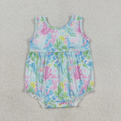 Sibling Baby Girls Sleeveless Colorful Sea Plants Knee Length Dress Rompers