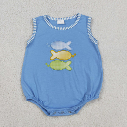Sibling Baby Kids Embroidery Fishes Top Stripe Short Hunting Clothes Set Rompers