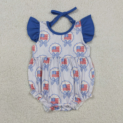 Sibling Baby Girls Flags Bows Tunic Ruffle Short 4th of July Clothes Set Rompers
