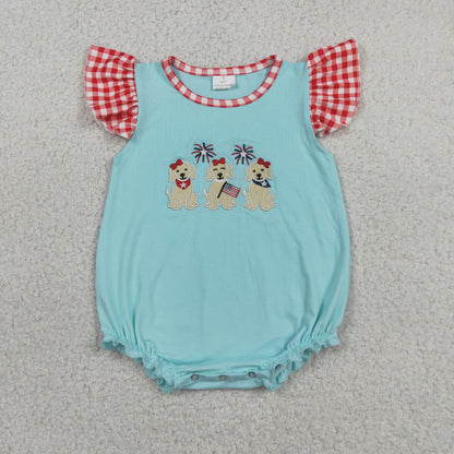 Sibling Baby Kids Embroidery Dogs Flags Shirt Shorts 4th of July Clothes Set Rompers