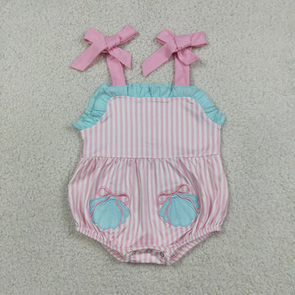Sibling Baby Girls Pink Stripe Embroidery Bows Shells Strap Knee Length Dress Rompers