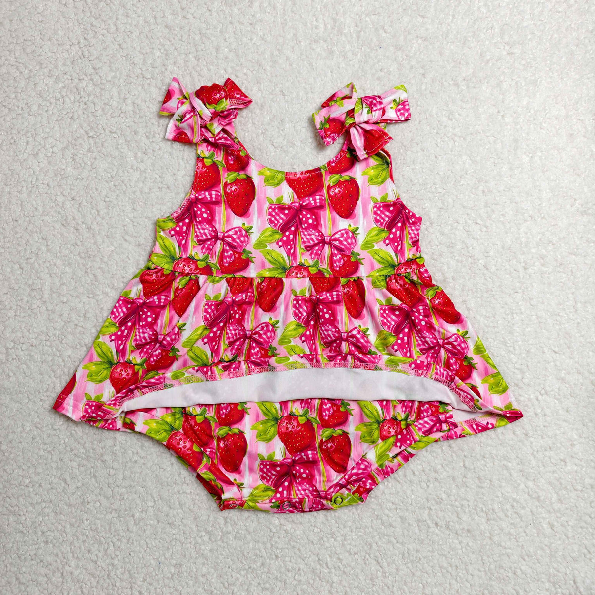 Sibling Baby Girls Bows Strawberry Strap Ruffle Knee Length Dress Tunic Bummies Rompers