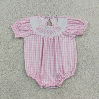 Sibling Smocked Baby Sister Brother Baby Kids Short Sleeve Pink Blue Checked Rompers
