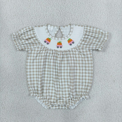 Sibling Baby Girls Smocked Pumpkin Trucks Khaki Checked Dress Rompers