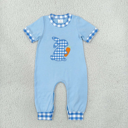 Sibling Baby Boys Embroidery Blue Checked Rabbit Carrot Jogger Easter Clothes Set Rompers
