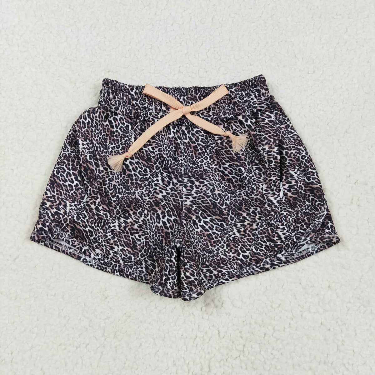 SS0480 Baby Girls Brown Leopard Pockets Yoga Active Shorts Bottom