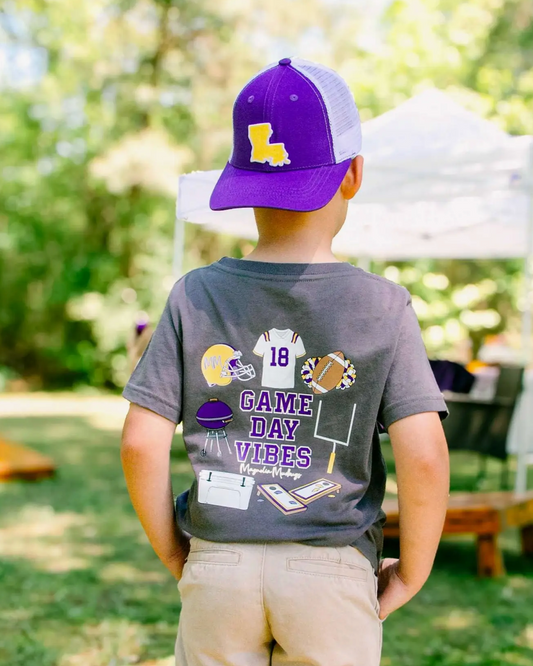 Game Day Vibes Kids Tee – Purple + Gold Football Shirt