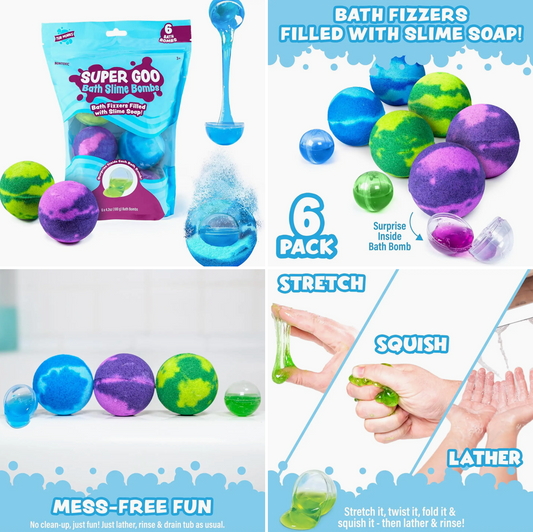 Tub Works® Super Goo Bath Slime “Surprise” Bath Bombs – 6 Pack | Fizzy Bath Bombs with Colorful Goo & Hidden Toys for Kids