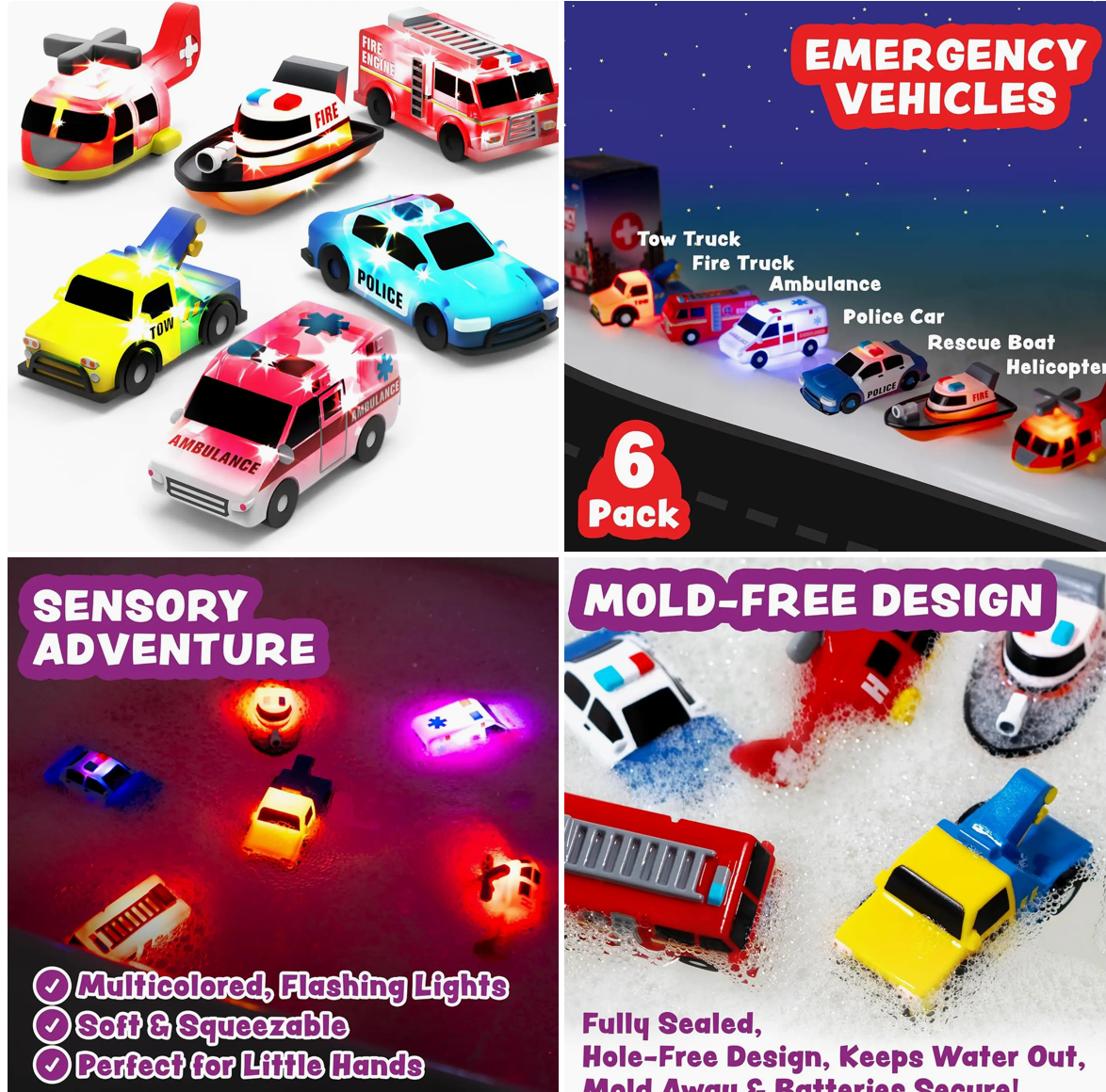 Tub Works® Emergency™ Cars Light-Up Bath Toys – 6 Pack | Mold-Free, No-Hole, Light-Up Floating Bath Toys for Toddlers