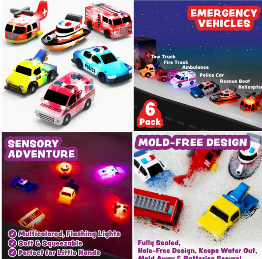 Tub Works® Emergency™ Cars Light-Up Bath Toys – 6 Pack | Mold-Free, No-Hole, Light-Up Floating Bath Toys for Toddlers
