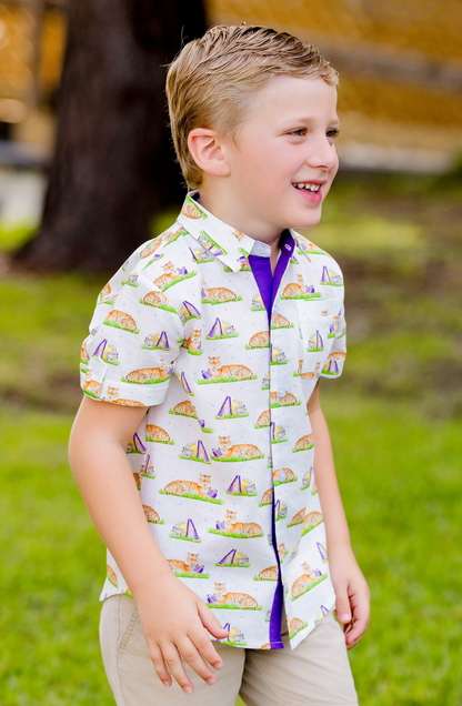 Purple Tiger Mascot Mania Short Sleeve Collared Shirt