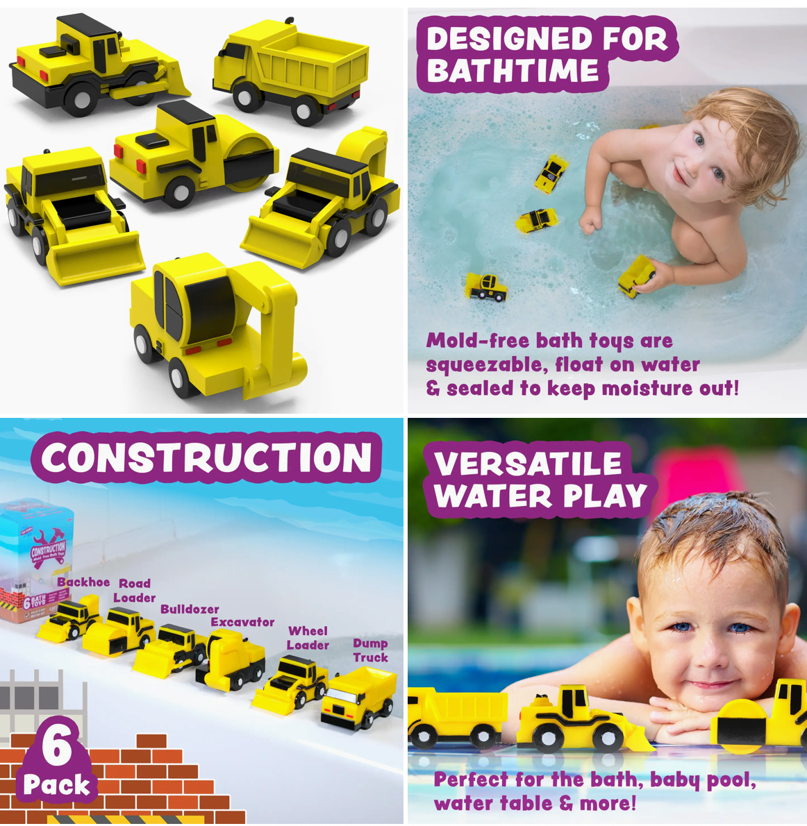 Tub Works® Construction™ Trucks Mold-Free Bath Toys – 6 Pack | No-Hole, Non-Toxic, Dishwasher-Safe Bath Toys for Toddlers