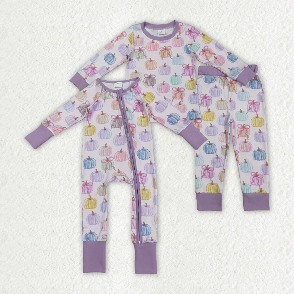 Sibling Baby Kids Colorful Bows Pumpkins Fall Pajams Sets Zipper Footie Rompers