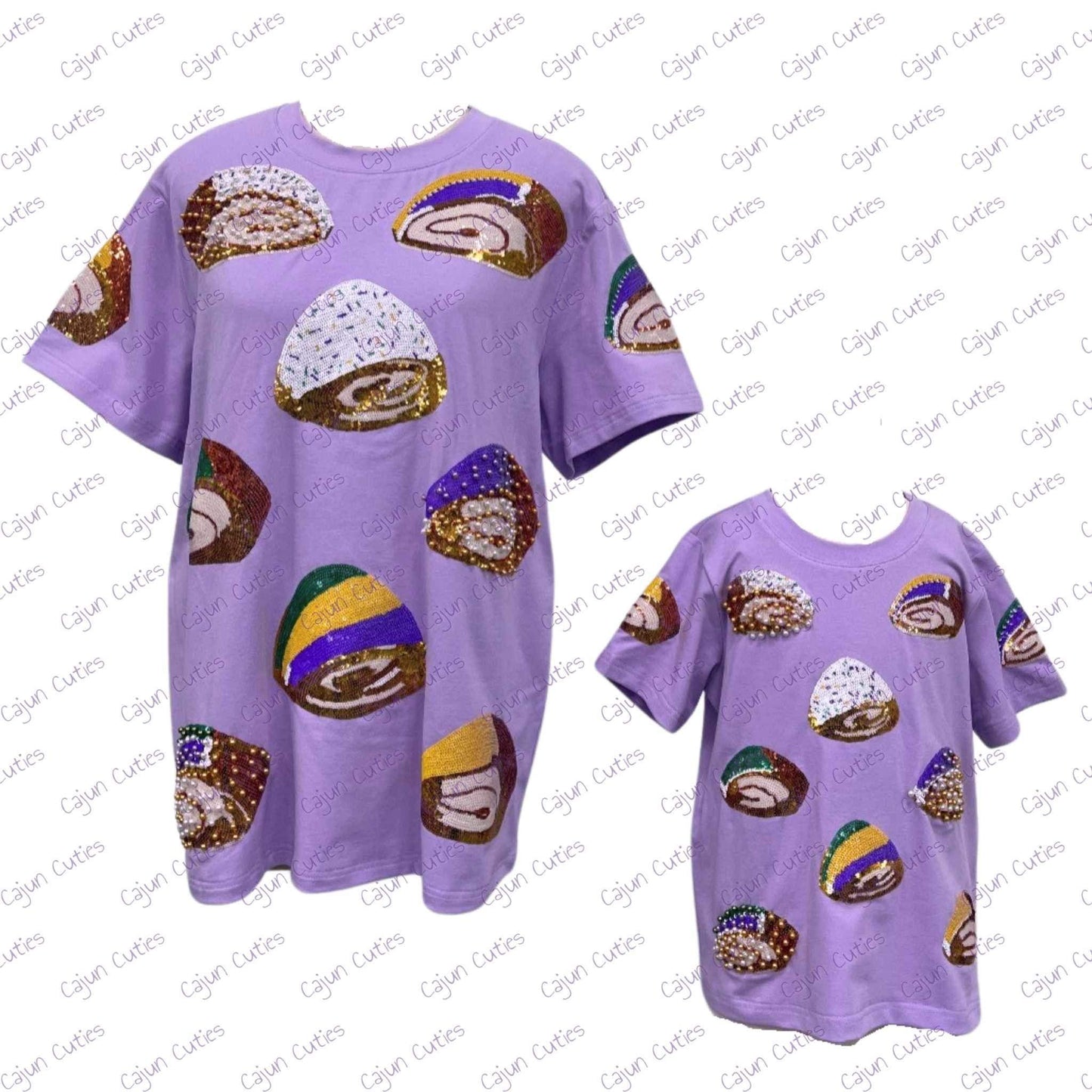 Matching Mommy and Me Mardi Gras-themed sequin king cake t-shirts in vibrant Mardi Gras colors.