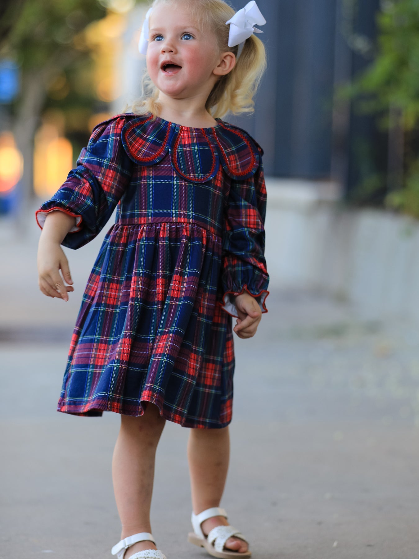 Fall Plaid Girl Dress Petal Collar Puff Sleeve Long Sleeve