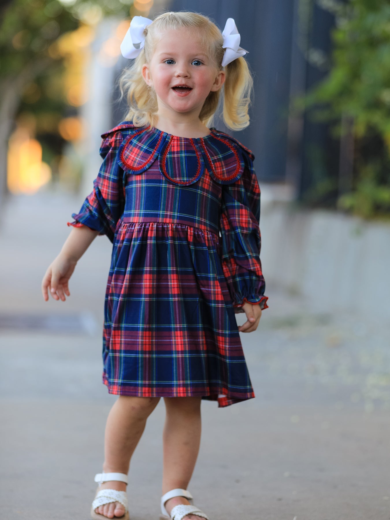 Fall Plaid Girl Dress Petal Collar Puff Sleeve Long Sleeve