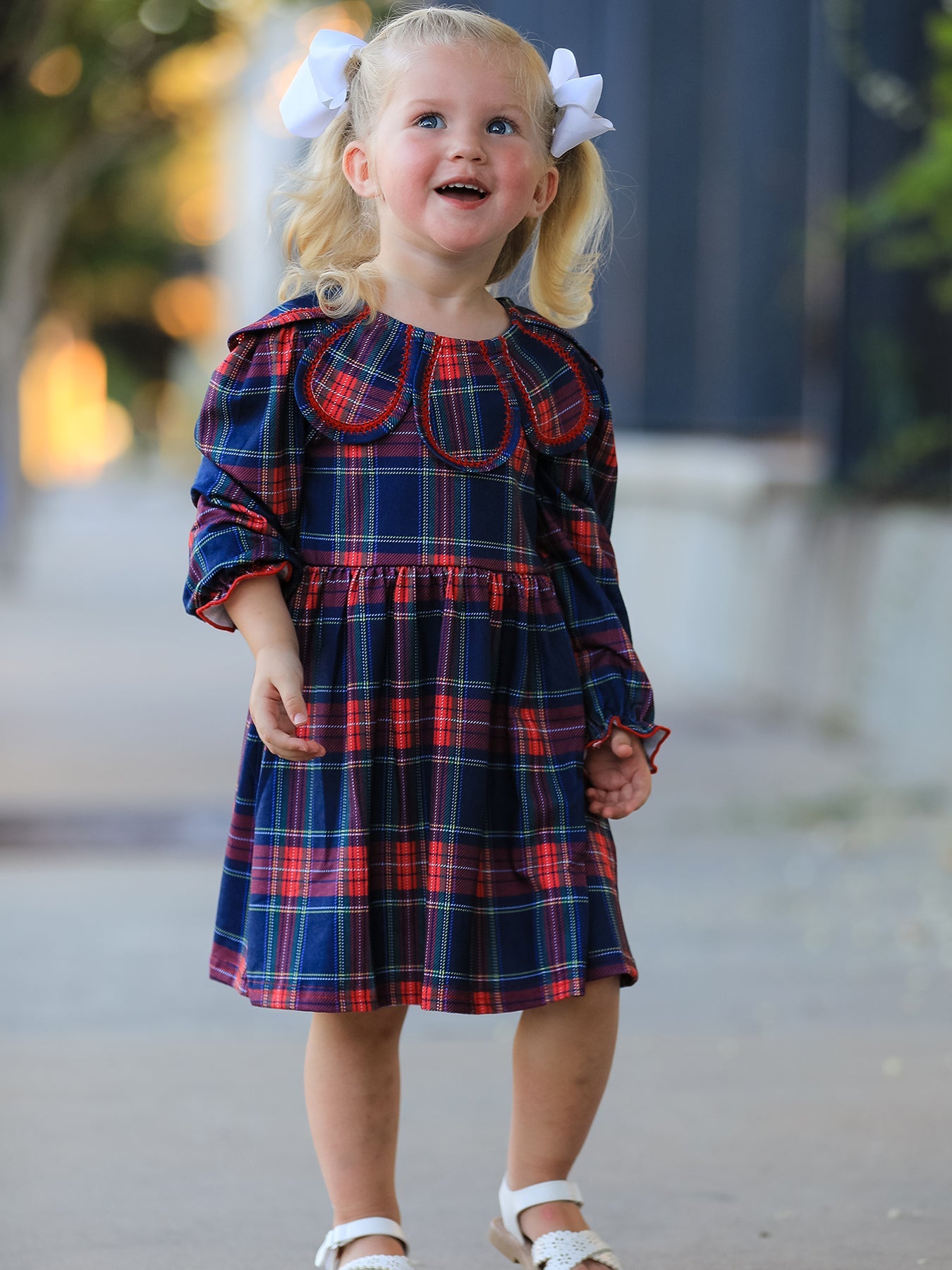 Fall Plaid Girl Dress Petal Collar Puff Sleeve Long Sleeve