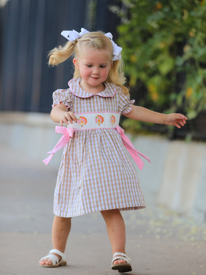 Fall Thanksgiving Lapel Plaid Chick Embroidery Smocking Bow Baby Girls Dress