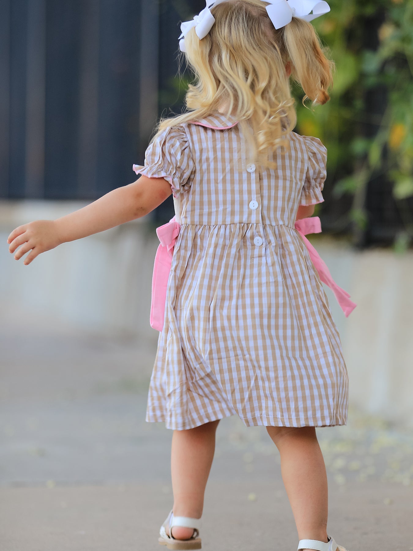 Fall Thanksgiving Lapel Plaid Chick Embroidery Smocking Bow Baby Girls Dress