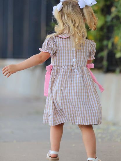 Fall Thanksgiving Lapel Plaid Chick Embroidery Smocking Bow Baby Girls Dress