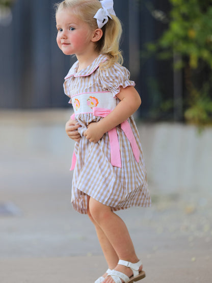 Fall Thanksgiving Lapel Plaid Chick Embroidery Smocking Bow Baby Girls Dress