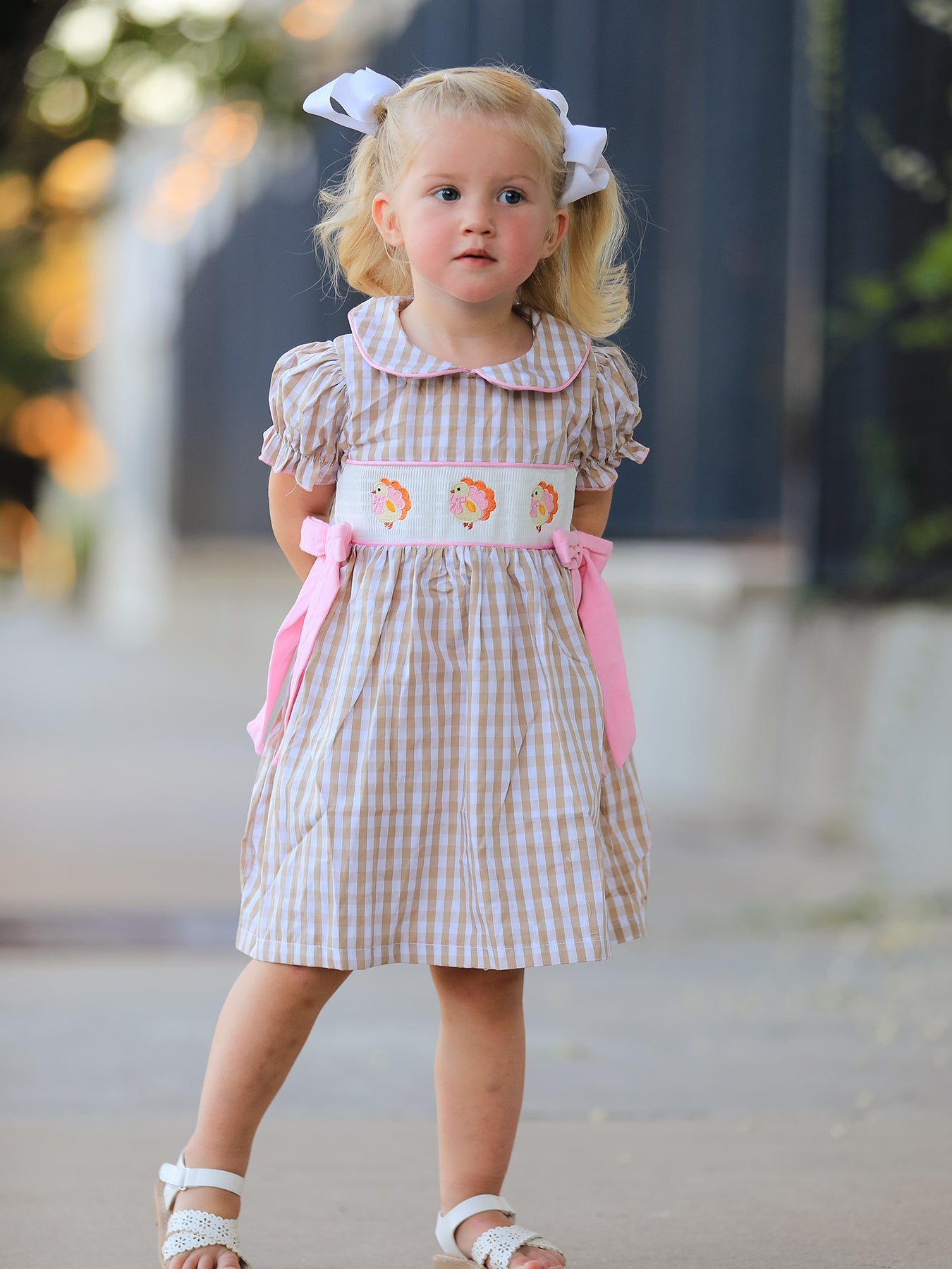Fall Thanksgiving Lapel Plaid Chick Embroidery Smocking Bow Baby Girls Dress