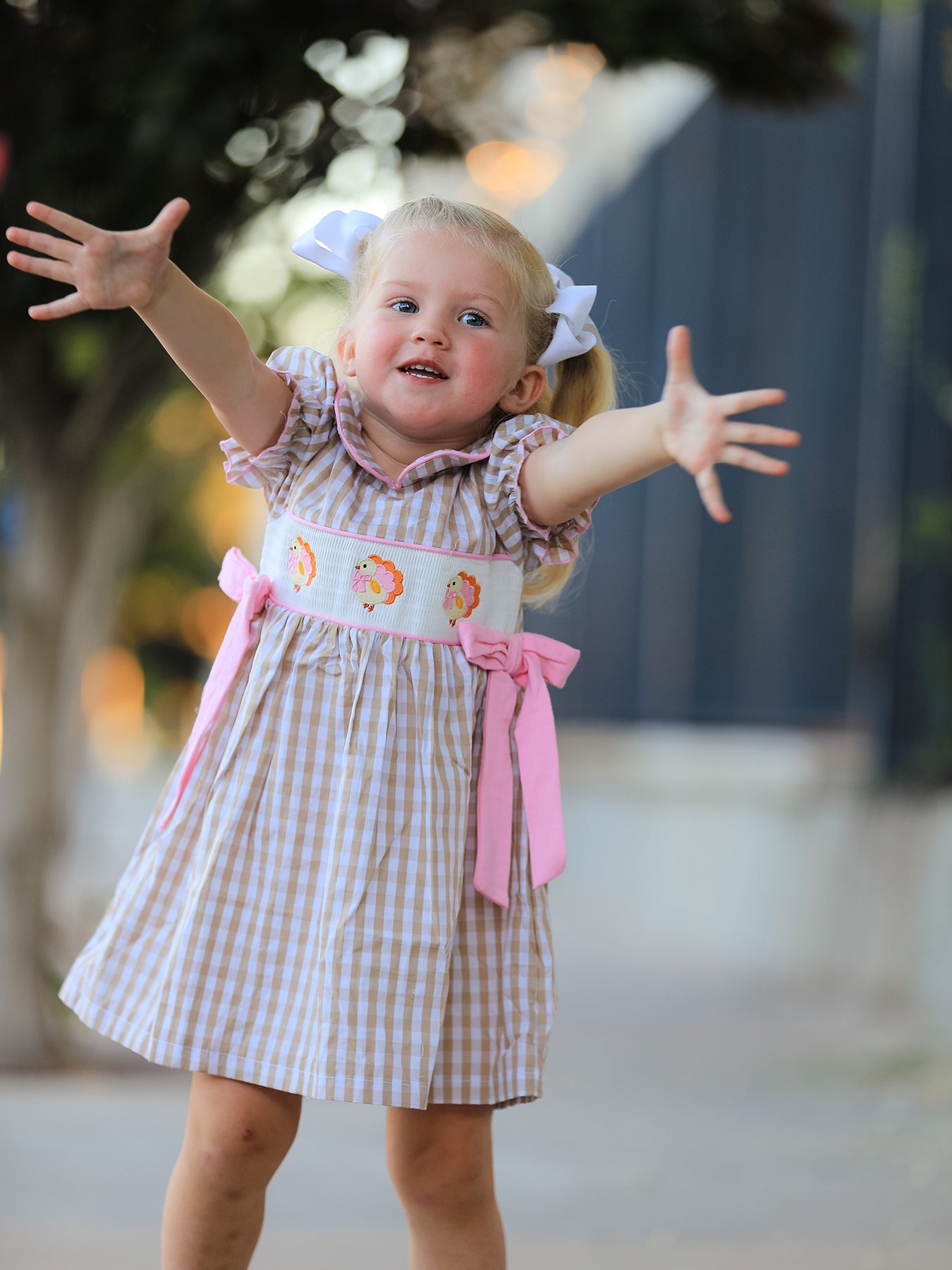 Fall Thanksgiving Lapel Plaid Chick Embroidery Smocking Bow Baby Girls Dress