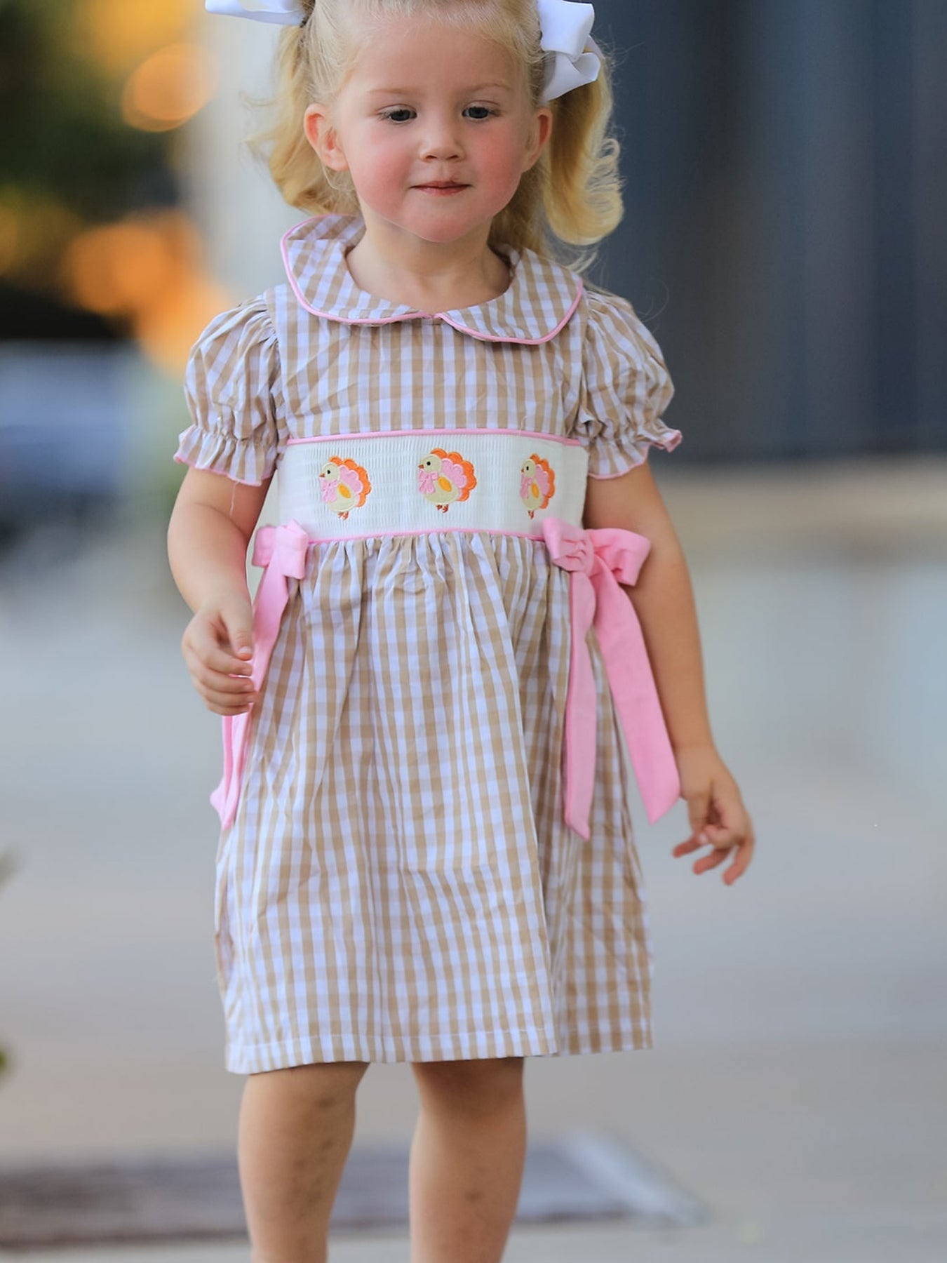 Fall Thanksgiving Lapel Plaid Chick Embroidery Smocking Bow Baby Girls Dress