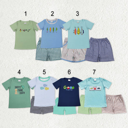 Sibling Baby Boys Short Sleeve Embroidery Fishing Top Shorts Hunting Clothes Sets