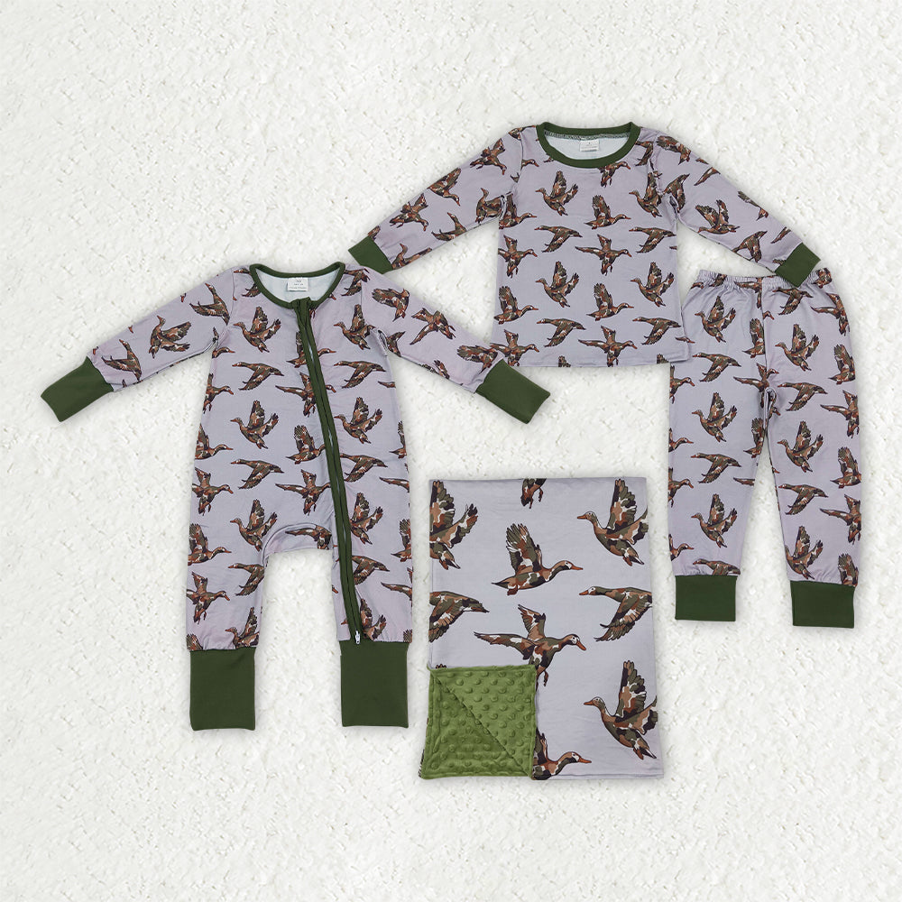 Sibling Baby Boys Camo Ducks Plaid Pant Hunting Pajamas Sets Zip Romper Pant Blanked