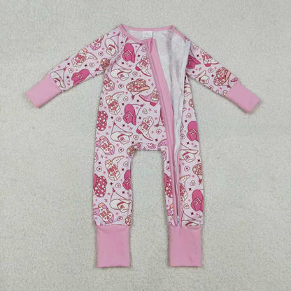 Sibling Baby Girls Pink Hats Boots Top Pants Western Pajamas Set Zipper Rompers