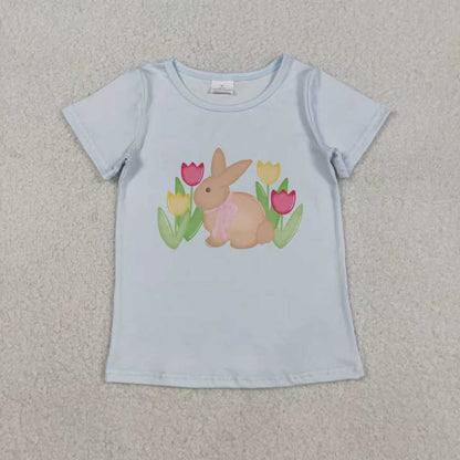 Sibling Baby Girls Short Sleeve Flowers Cross Rabbits Eggs Easter T-shirts Tops
