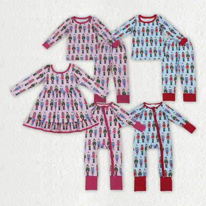 Sibling Baby Boys Girls Soldiers Checked Christmas Ruffle Knee Length Dress Pajamas Sets Footie Rompers