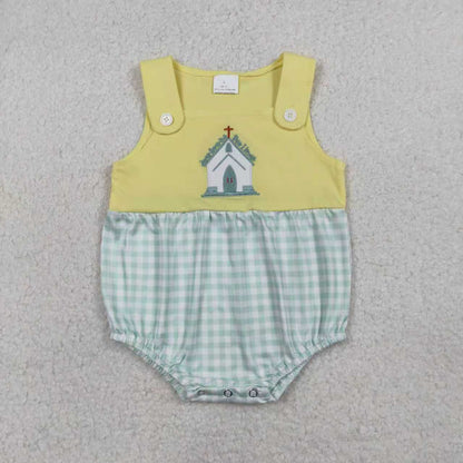 Sibling Baby Kids Embroidery Church Cross Top Checked Shorts Clothes Set Rompers