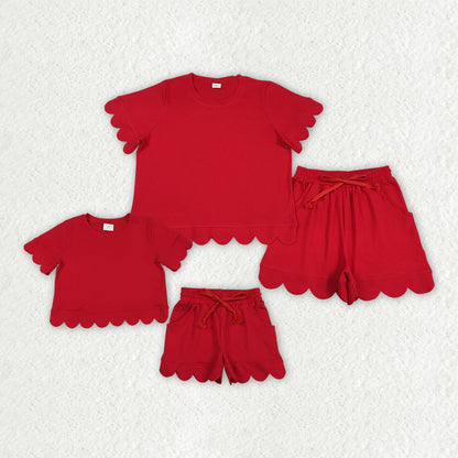 Mama and Me Girls Red Top Pockets Short Scallop Cotton Clothes Sets