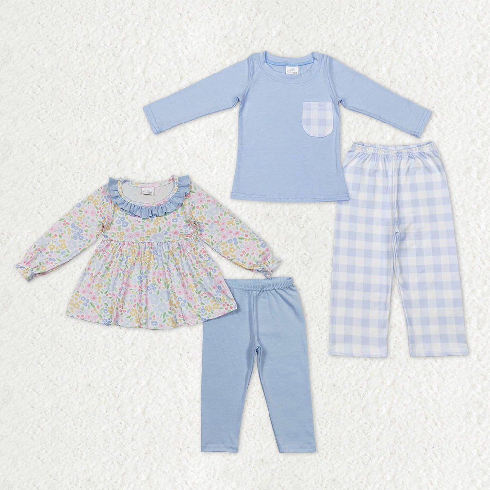 Sibling Baby Boys Girls Flowers Checked Top Pants Clothes Sets