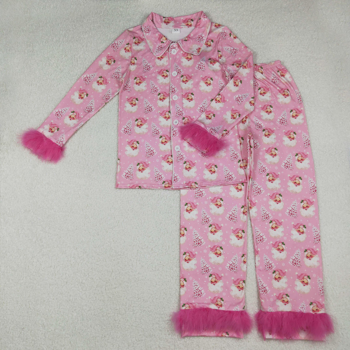 Sibling Adult Women Bows Santa Trees Button Top Pants Christmas Fur Pajamas Sets