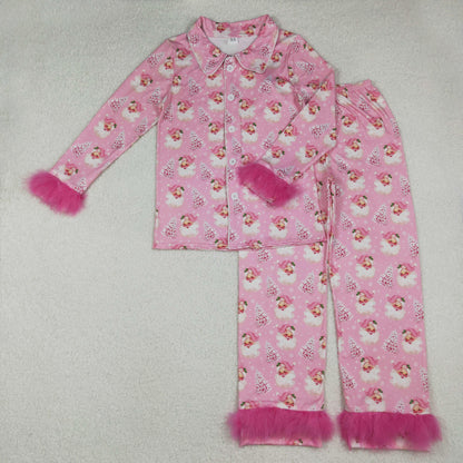 Sibling Adult Women Bows Santa Trees Button Top Pants Christmas Fur Pajamas Sets