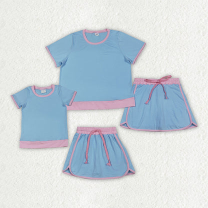 Mama and Me Girls Blue Short Sleeve Shirt Top Skirt Short Cotton Clothes Sets