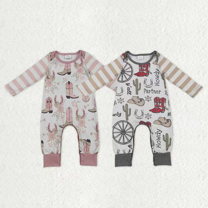 Sibling Baby Boys Girls Western Boots Cactus Flowers Rompers