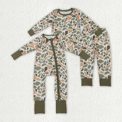 Sibling Baby Boys Green Khaki Camo Pants Southern Pajamas Sets Zipper Rompers