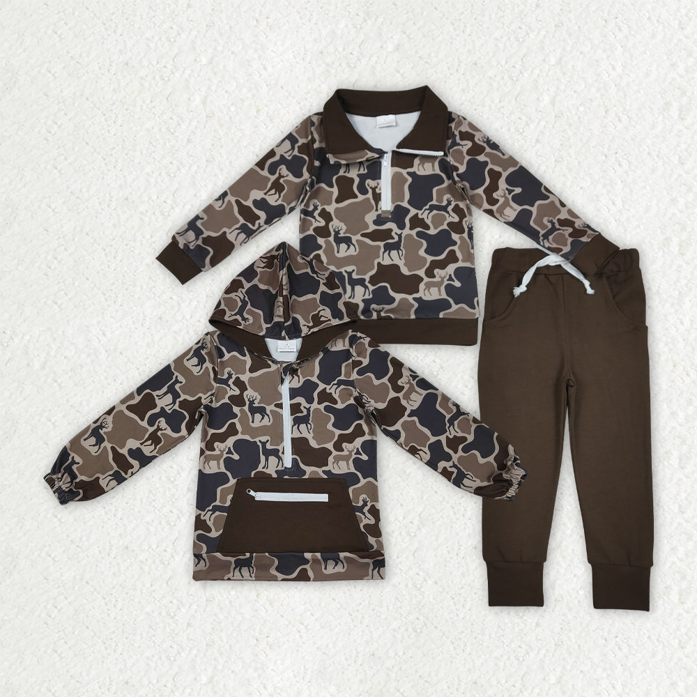 Sibling Baby Boys Deer Camo Zipper Pullovers Pockets Jogger Hunting Clothes Set Hoodies Top